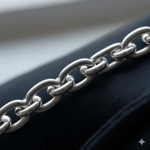 Close-up detail of polished sterling silver links on a high-quality cable chain bracelet.