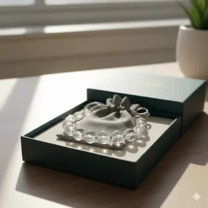 Clear quartz bracelet presented in a sleek gift box with a protective pouch, ready to be gifted for a special occasion.