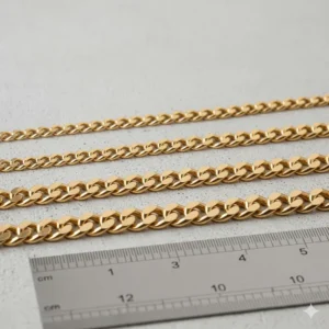 Comparison of different widths for a men's gold Figaro chain bracelet, from 3mm to 9mm.