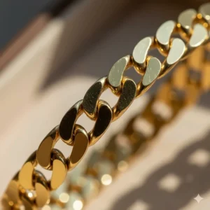 Close-up shot of the 3-plus-1 link pattern of a solid gold Figaro chain bracelet for men.