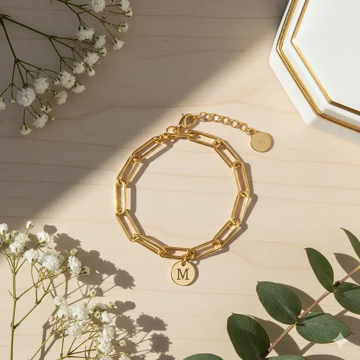 A heavy-link gold paperclip chain bracelet featuring a dangling gold initial charm. paperclip chain bracelet gold