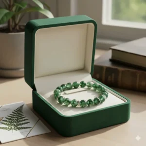 A premium green moss agate bracelet presented in a luxury velvet jewelry box with a botanical-themed card.