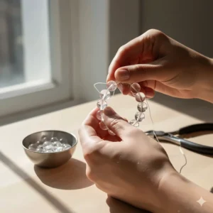 Image of a pair of hands carefully handcrafting and stringing the beads for the natural clear quartz bracelet.