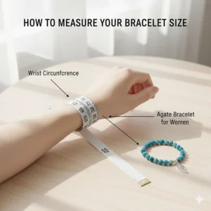 Diagram showing how to measure the wrist for the perfect fit of a women's agate bracelet.