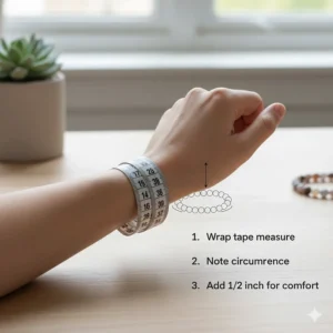 Diagram illustrating how to measure the wrist for the correct agate bracelet size and fit, using a tape measure.