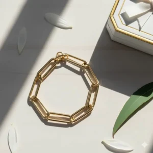 Comparison of a large-link gold paperclip chain bracelet next to a standard jewelry box for scale.