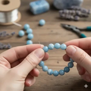 A behind-the-scenes photo showing the process of beading and crafting a handmade blue lace agate bracelet, emphasizing quality craftsmanship.