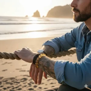 Lifestyle shot of a man wearing the citrine bracelet for men, showing how it looks on the wrist.