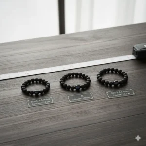 Image illustrating the available sizing options (e.g., S, M, L) of the agate bracelet next to a ruler for accurate measurement.