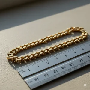 A 10k gold Figaro chain bracelet for men shown next to a ruler to illustrate link length and width.