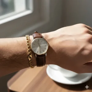 A man wearing a 5mm gold Figaro chain bracelet paired with a luxury wristwatch.
