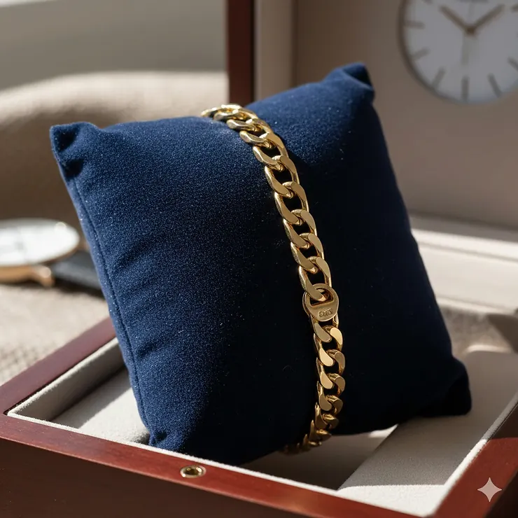 A high-polish 14k yellow gold Figaro chain bracelet for men displayed on a premium blue velvet watch cushion. gold figaro chain bracelet mens