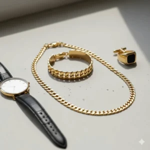 Flat lay of a gold Figaro chain bracelet for men alongside a matching gold Figaro necklace.