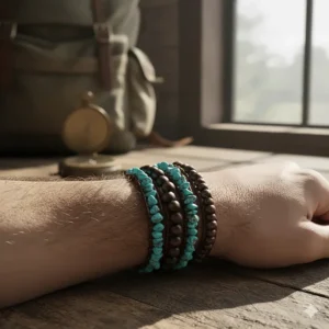 Men's rugged leather wrap bracelet featuring turquoise and wooden beads.