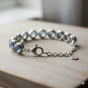 Detailed view of the adjustable lobster claw clasp on a moonstone bracelet to show fit and sizing.