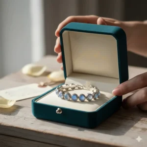 A moonstone bracelet tucked into a premium velvet jewelry box, perfect for anniversary or birthday gifting.