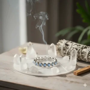 A raw moonstone bracelet surrounded by clear quartz and sage, highlighting its use as a healing crystal for intuition.