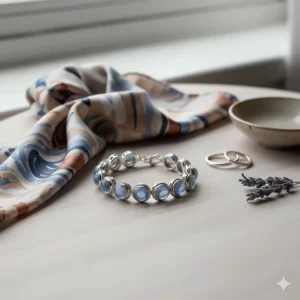 Flatlay photography of a moonstone bracelet styled with a silk scarf and silver rings.