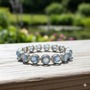 A moonstone bracelet captured in natural sunlight to reveal the "rainbow" effect within the gemstones.