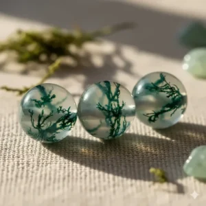 Close-up of individual moss agate beads showing natural forest-like green dendritic inclusions.