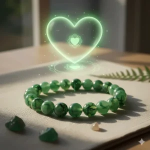 Illustration depicting a green moss agate bracelet emitting soft light, representing its grounding and heart chakra properties.
