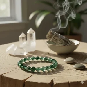A moss agate stretch bracelet placed next to sage and quartz crystals for heart chakra healing.