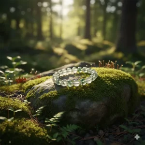 A green moss agate bracelet resting on a moss-covered forest rock to highlight its earthy origins.