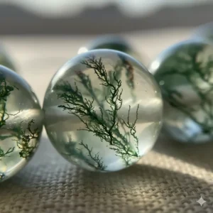 Close-up illustration showing the intricate moss-like mineral inclusions inside a translucent green moss agate bead.
