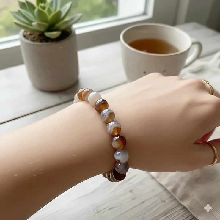 A close-up shot of a polished, natural banded agate bead bracelet being worn comfortably on a woman's wrist, highlighting the stone's color and pattern. agate bracelet