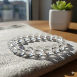 Transparent clear quartz bracelet catching the sun's natural light to highlight the quality and clarity of the crystal.