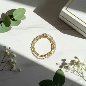 A gold paperclip chain bracelet layered with a sterling silver chain for a mixed-metal look.