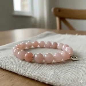 Close-up of a pink agate bracelet for women, highlighting the soft color variations and smooth, round beads.