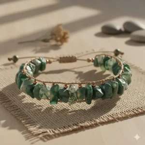 Handcrafted green moss agate bracelet featuring raw, unpolished stone chips for a bohemian aesthetic.