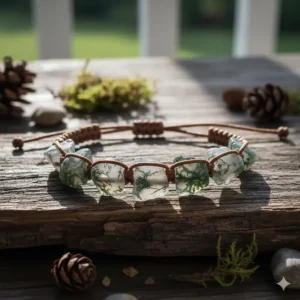 An adjustable cord bracelet featuring raw, unpolished moss agate nuggets for a rustic aesthetic.