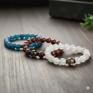 A variety of agate bracelets for men in different stone colors, such as blue lace, red moss, and white banded agate.
