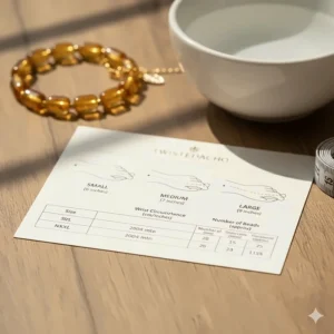 Informative image/diagram showing the size chart and how to measure a wrist for a perfectly fitting citrine bracelet for women.