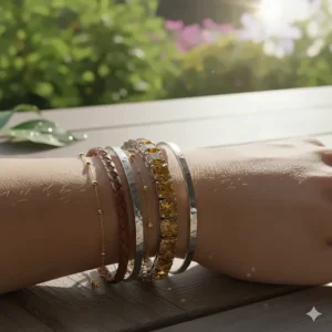 A fashionable look showing the citrine tennis bracelet being stacked with other gold and silver bracelets.