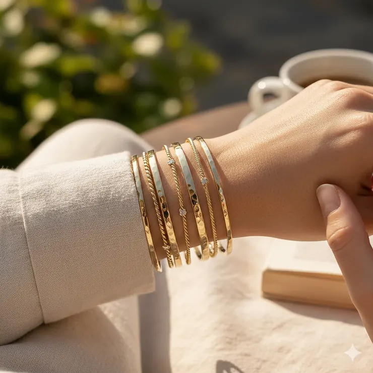 A luxurious stackable gold bangles set featuring a mix of textured and smooth 14k gold finishes on a woman’s wrist.