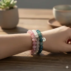 A set of three different colored agate bracelets for women stacked together, showing a fashionable, layered look.