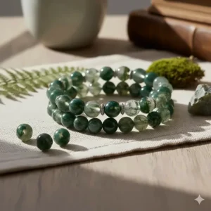 A set of three green moss agate bracelets stacked together with different shades of translucent and dark green moss patterns.