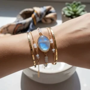 Multiple moonstone bracelets with gold accents stacked together to demonstrate jewelry layering trends.