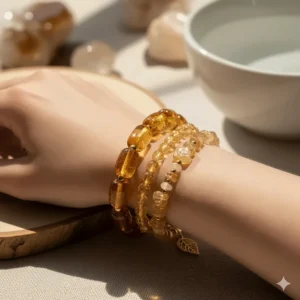 A set of three citrine bracelets for women stacked together, offering stylish inspiration for layering with other jewelry pieces.