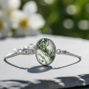 A delicate sterling silver chain bracelet featuring a polished oval moss agate gemstone.