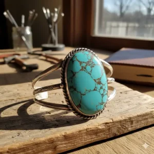 A handcrafted sterling silver turquoise bracelet with a large oval stone centerpiece.