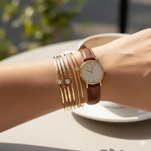 How to style a stackable gold bangles set paired with a classic leather strap watch for a layered look.