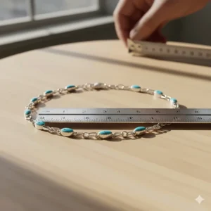 A turquoise link bracelet measured against a ruler to show adjustable length.
