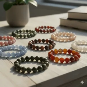 A collection displaying various types of agate bracelets, including blue lace, moss, and fire agate, showcasing the diversity of colors and patterns.