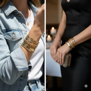 A stackable gold bangles set styled for both casual denim looks and formal evening wear.