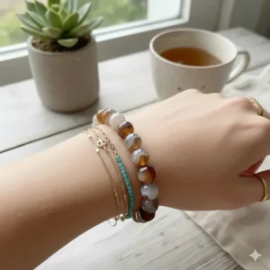 A lifestyle shot of an agate bracelet being layered with other jewelry, such as gold rings and other gemstone bracelets.