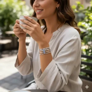 A woman wearing a stack of moonstone bracelets paired with a casual linen outfit for a boho-chic look.